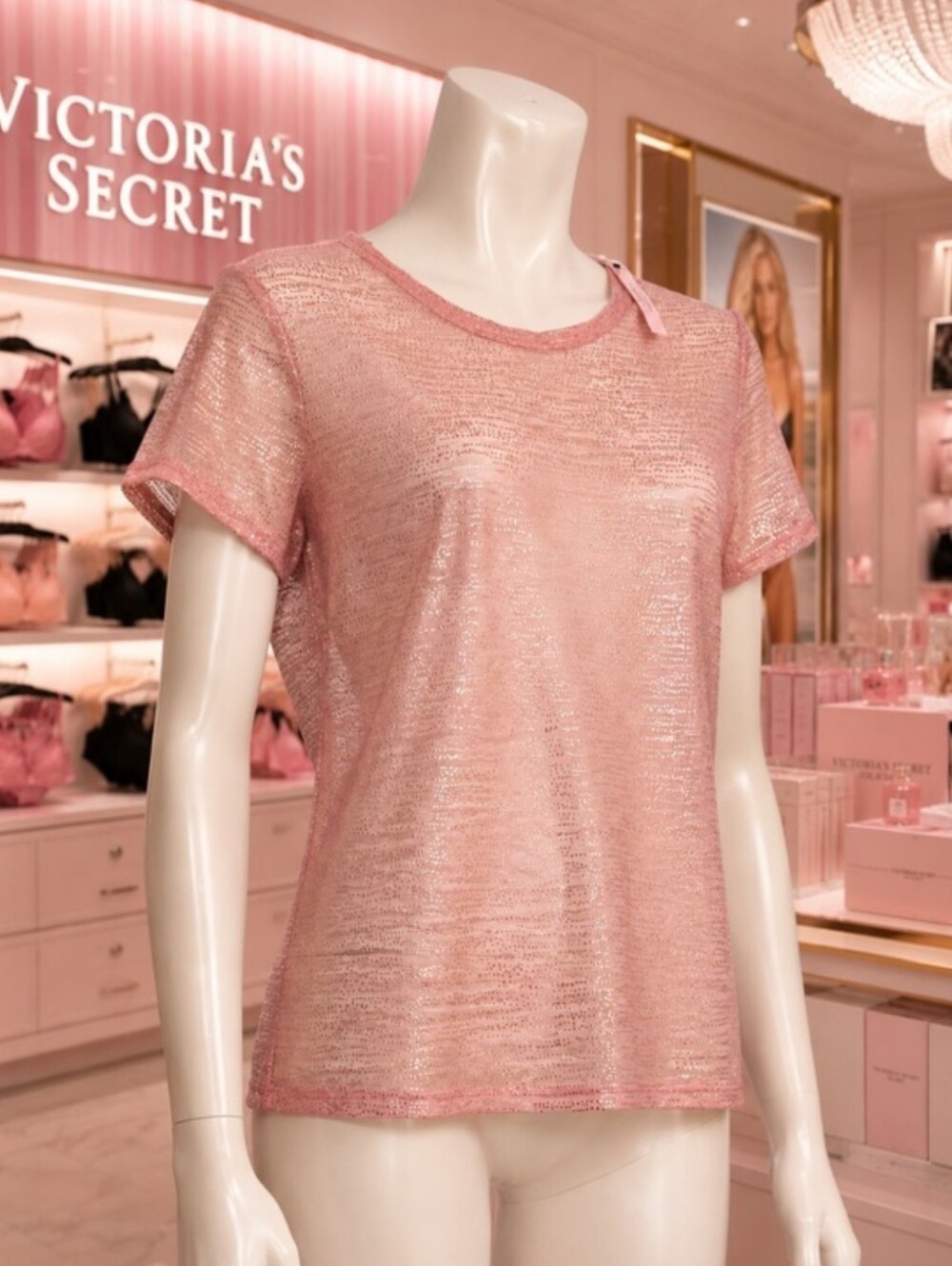 Victoria's Secret Pink Rose Gold Metallic Sheer Top Size Medium